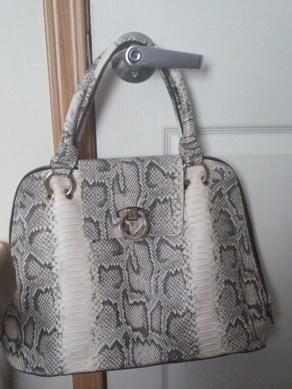 Structured Snake-Print Satchel Bag in Cream and Gray